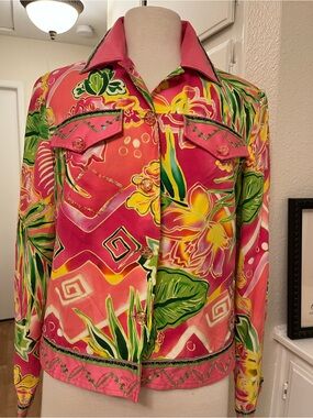 Nancy Bolen 100% Silk Tropical Floral Beaded Jacket - Size M - NWT